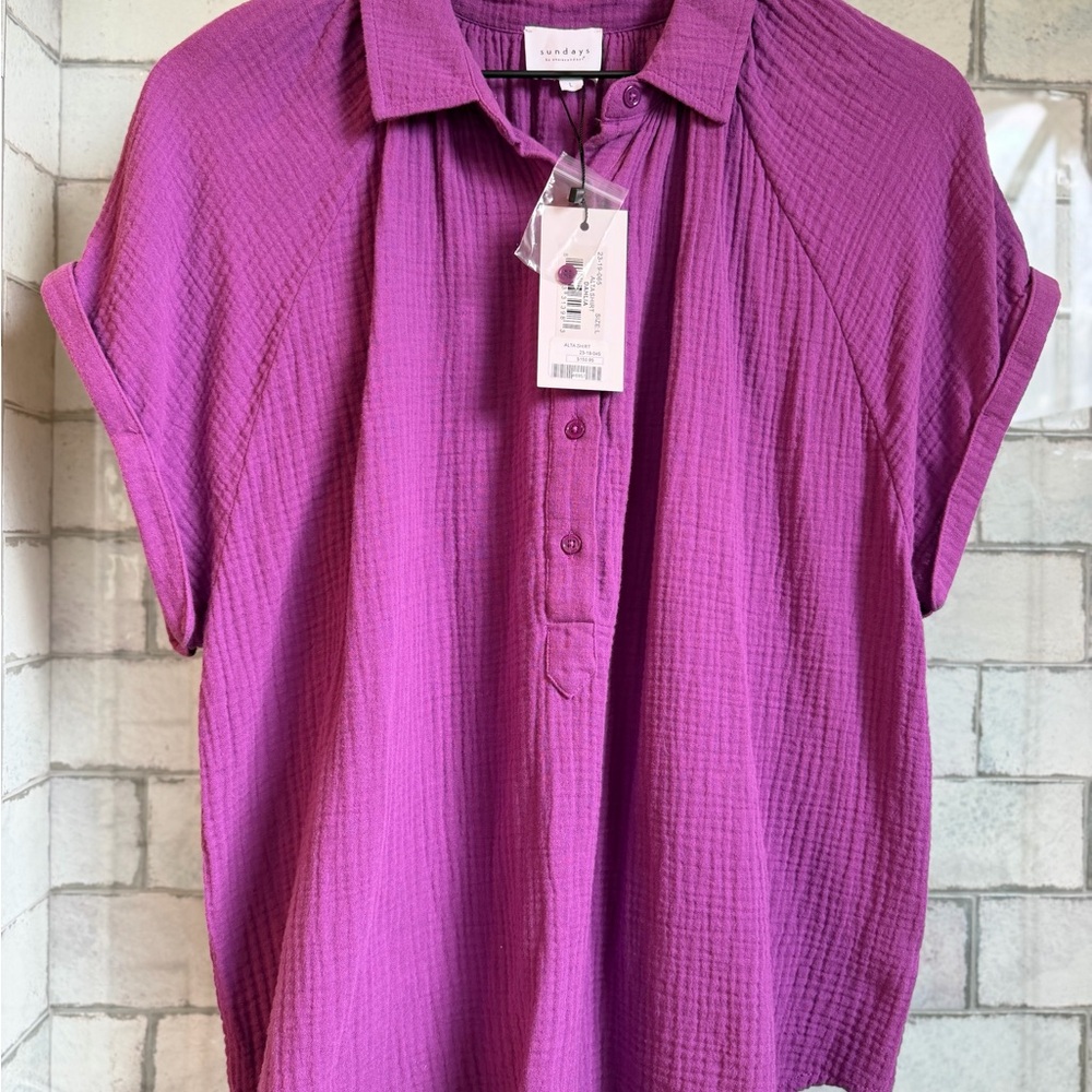 NWT Sunday Women's Magenta Textured Button-Front Shirt Sz L